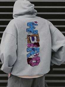 Men Letter and Cartoon Graphic Drop Shoulder Hoodie - Grey - View 1
