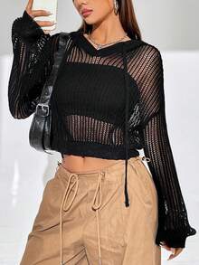 SHEIN Unity 女士空心設計束口連帽短款毛衣 - 黑色 - 查看 3