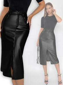 BizChic Women's Pu Leather Split Hem Skirt