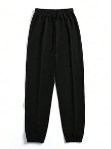 SHEIN EZwear 女士字母火焰印花運動長褲 - 黑色 - 查看 2