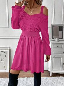 Chiquease Solid Color Open Shoulder Batwing Sleeve Sweater Dress Fall Cloth For Women - Hot Pink - View 4
