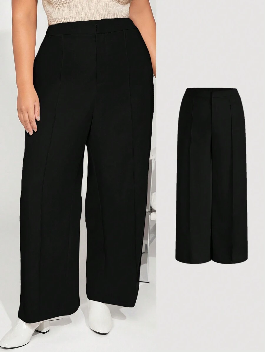 SHEIN BASICS Plus Size Solid Color Straight Pants - Black - View 1