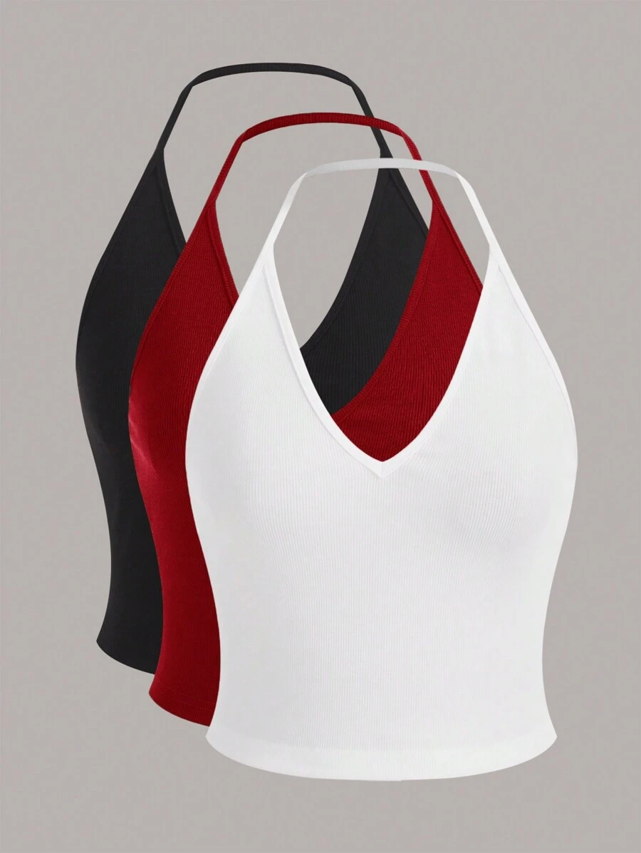 SHEIN EZwear Summer  Outfits 3pcs Solid Color Ribbed Knit Halter Top - Red and White - View 1