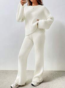 Flirla Solid Color Drop Shoulder Sweater And Knitted Wide Leg Pants Fashionable Loose Two-Piece Set - White - View 3