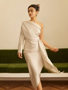 Women'S One Shoulder Long Sleeve Ruffle Detail Dress With Side Split - Champagne - View 5