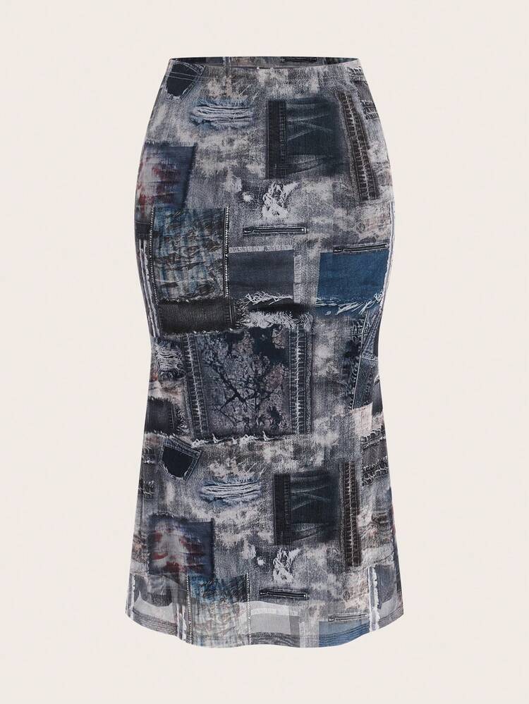 Women'S Patchwork Printed Mermaid Style Skirt
