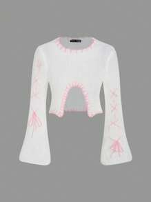 Sweetina Short Split Hem Sweater With Flared Sleeves - White - View 6