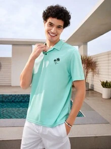 Manfinity RebelGame Nam Cây dừa & In thư Giải trí Ngắn tay Áo polo - Màu xanh Bạc hà - Xem 5