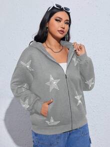 SHEIN EZwear 大码拉链星形图案卫衣 - 灰色 - 查看 5