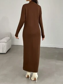 EURMUSE 女士純色立領鈕扣細節裙 - 棕色 - 查看 2