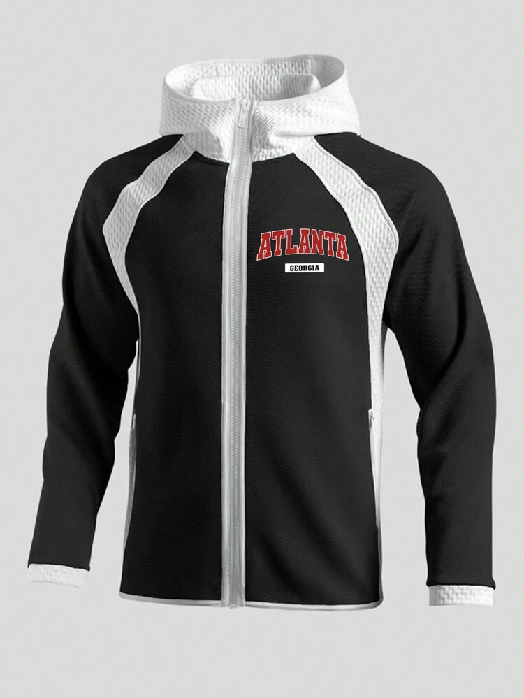 Boyfriend Style Men's Contrast Color Zipper Front Hooded Sports Jacket Workout Tops Sports Jacket