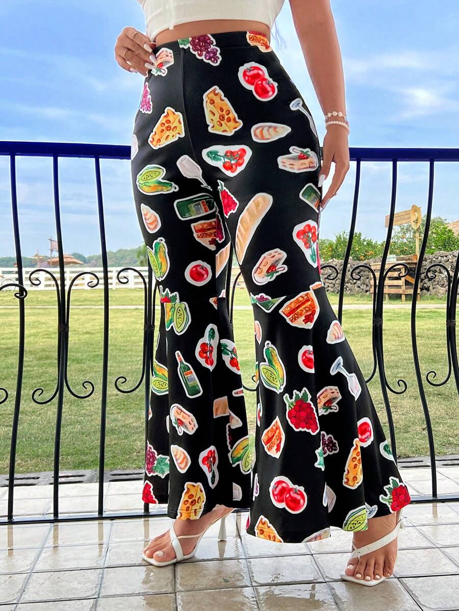 Flirla 大尺碼女款食品印花喇叭褲 - 彩色 - 查看 1