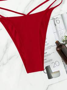 Solid Color Hollow Out Two Pieces Bikini Set New Year Summer Beach - Red - View 6