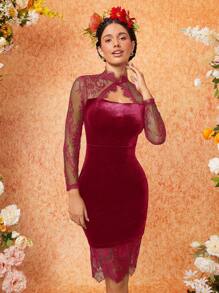 SHEIN Clasi 女用蕾絲拼接鏤空連身裙 - 紅色 - 查看 3