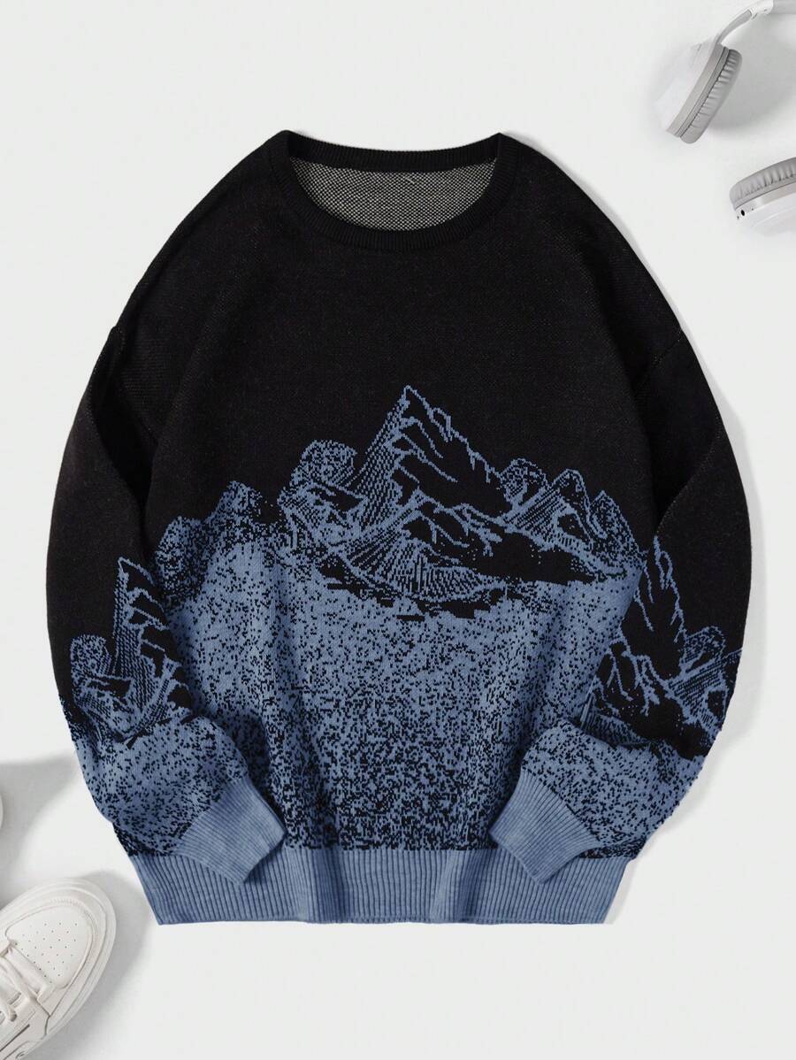 RueChic Men's Mountain Pattern Round Neck Sweater - Blue - View 1