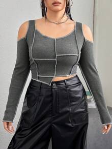 SHEIN Coolane 大尺碼拼接鏤空肩部細部 T 卹 - 深灰色 - 查看 4