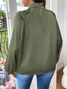 SHEIN Franclia Plus Size Solid Color Shirt With Hollow Out Collar And Pleats - Army Green - View 2