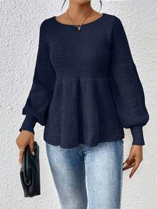 SHEIN Frenchy 純色圓燈籠袖毛衣 - 藏蓝色 - 查看 3