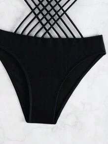SHEIN Swim 中空交叉一件式泳衣 - 黑色 - 查看 6