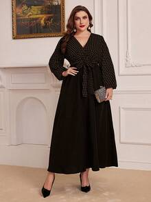 Modelyn 大碼寬版絨布燈籠袖a字裙,腰帶設計,豎紋圖案 - 咖啡棕 - 查看 3