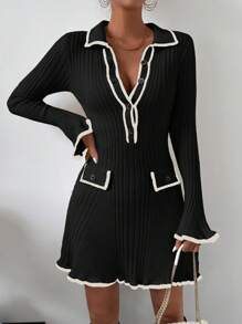 Chiquease 女款拼色針織毛衣連衣裙,有鈴鐺袖和修飾邊 - 黑色 - 查看 7