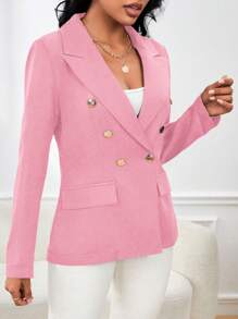 Chiquease Women's Solid Color Double-Breasted Suit Jacket With Lapel Collar Fall Cloth For Women - Pink - View 4