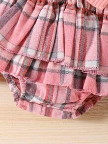 可爱女婴柔软舒适透气蝴蝶结印花连体衣和荷叶边格纹叠层裙 - 彩色 - 查看 6