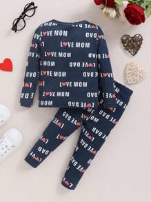 SHEIN 寶寶男孩情人節字母印花圓領長袖上衣和緊身褲睡衣組合套裝