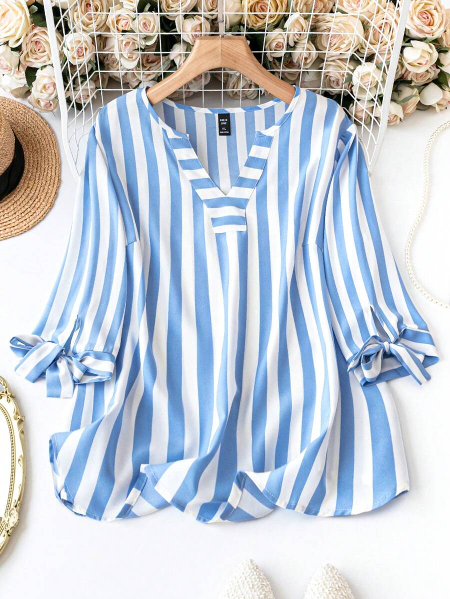 SHEIN Women'S Plus Size Knotted Cuff Striped Shirt Fall - Blue and White - View 1