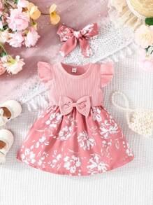 Baby Girls' Summer Cute Mori Style Cap Sleeves Dress With Bowknot Headband Set - Pink - View 1