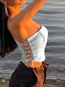 女士时尚纯色侧系带抹胸上衣，夏季 - 白色 - 查看 1