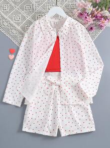 Girls' Solid Color Camisole Top And Heart Printed Jacket & Shorts Set - Red - View 7