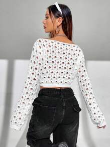 SHEIN Unity 女士船领镂空针织套头衫秋冬毛衣 - 白色 - 查看 2