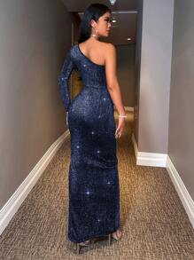 EURMUSE Women's One Shoulder Long Sleeve Side Slit Sparkly Dress - Blue - View 2