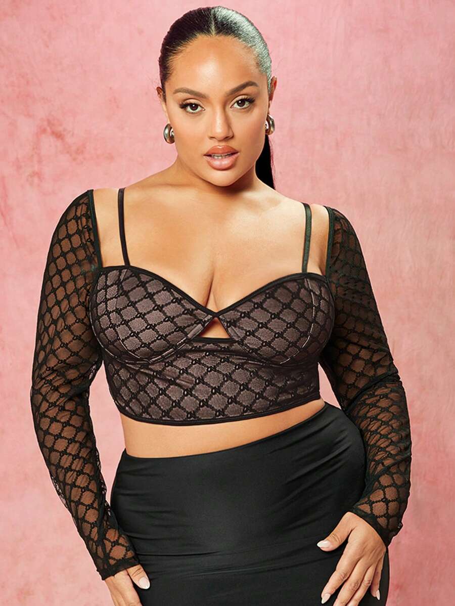 SHEIN BAE Kích thước lớn Của phụ nữ Lưới Quần skinny Áo - màu đen - Xem 1
