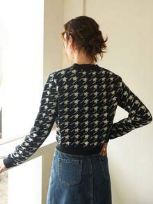 Knit Mix Women Houndstooth Cropped Cardigan - Black - View 2