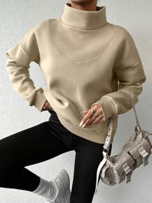EURMUSE Solid Mock Neck Drop Shoulder Sweatshirt - Apricot - View 3