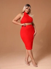 SHEIN SXY Haut Dos Nu Rouge Et Jupe Crayon Rouge Solide Pour Le Nouvel An, Taille Plus - Rouge - Voir 4