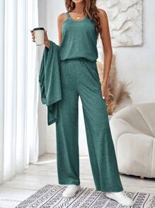 SHEIN LUNE 純色吊帶背心上衣、長褲和開襟夾克 3 件套 - 墨綠色 - 查看 3