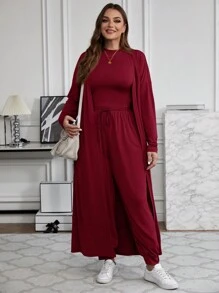 SHEIN LUNE 2pcs/Set Plus Size Solid Color Tank Top, Slanted Pocket Trousers And Open Front Coat Outerwear - Burgundy - View 4