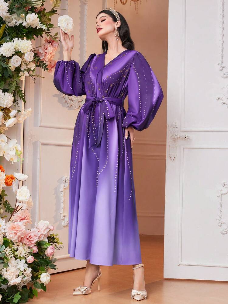 Women'S Ombre Print Lantern Sleeve Belted Dress Long Evening Dresses