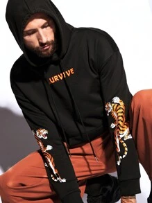 Manfinity VCAY Loose Men's Hooded Casual Sweatshirt With Tiger & Letter Print And Drawstring