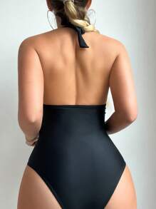 SHEIN Swim 女士露背系带连体泳衣 嘉年华 夏季 - 黑色 - 查看 2