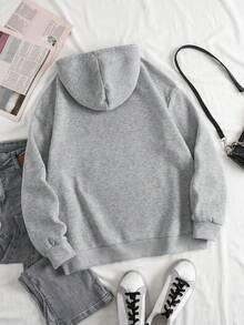 SHEIN EZwear Áo nỉ có mũ lót giữ nhiệt có dây rút cho nữ - Màu Xám nhạt - Xem 2