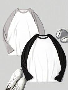 SHEIN 男童拼色長袖插肩袖t卹 適合春夏秋 - 彩色 - 查看 1