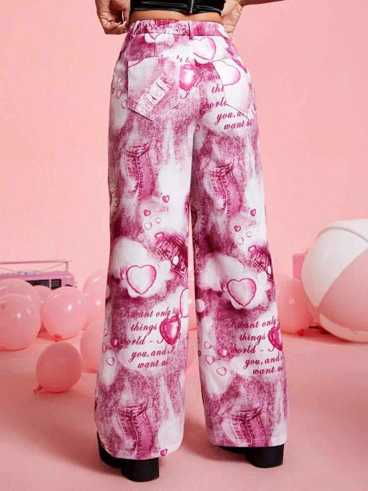 Women's Heart Letter Print Casual Denim Effect Pants
