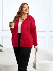 SHEIN EZwear Plus Size Kangaroo Pocket Zip Up Sweatshirt - Red - View 5