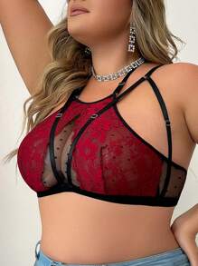 Kích thước lớn Ren & Lưới Nối Áo ngực Không dây - Màu Đỏ Sâu - Xem 5