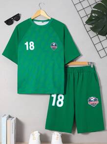 SHEIN Teens' Casual And Comfortable Short Sleeve Printed Top And Shorts Set For Sports And Leisure - Green - View 1