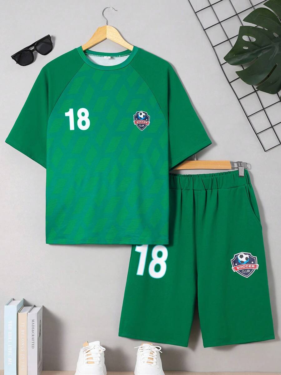 SHEIN Teens' Casual And Comfortable Short Sleeve Printed Top And Shorts Set For Sports And Leisure - Green - View 1